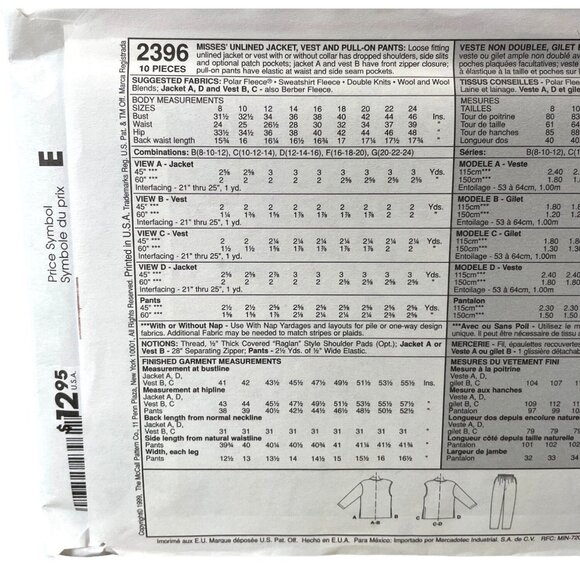 McCalls Sewing Pattern 2396 Jacket Vest Pants Misses Size 12-16 - Picture 2 of 2